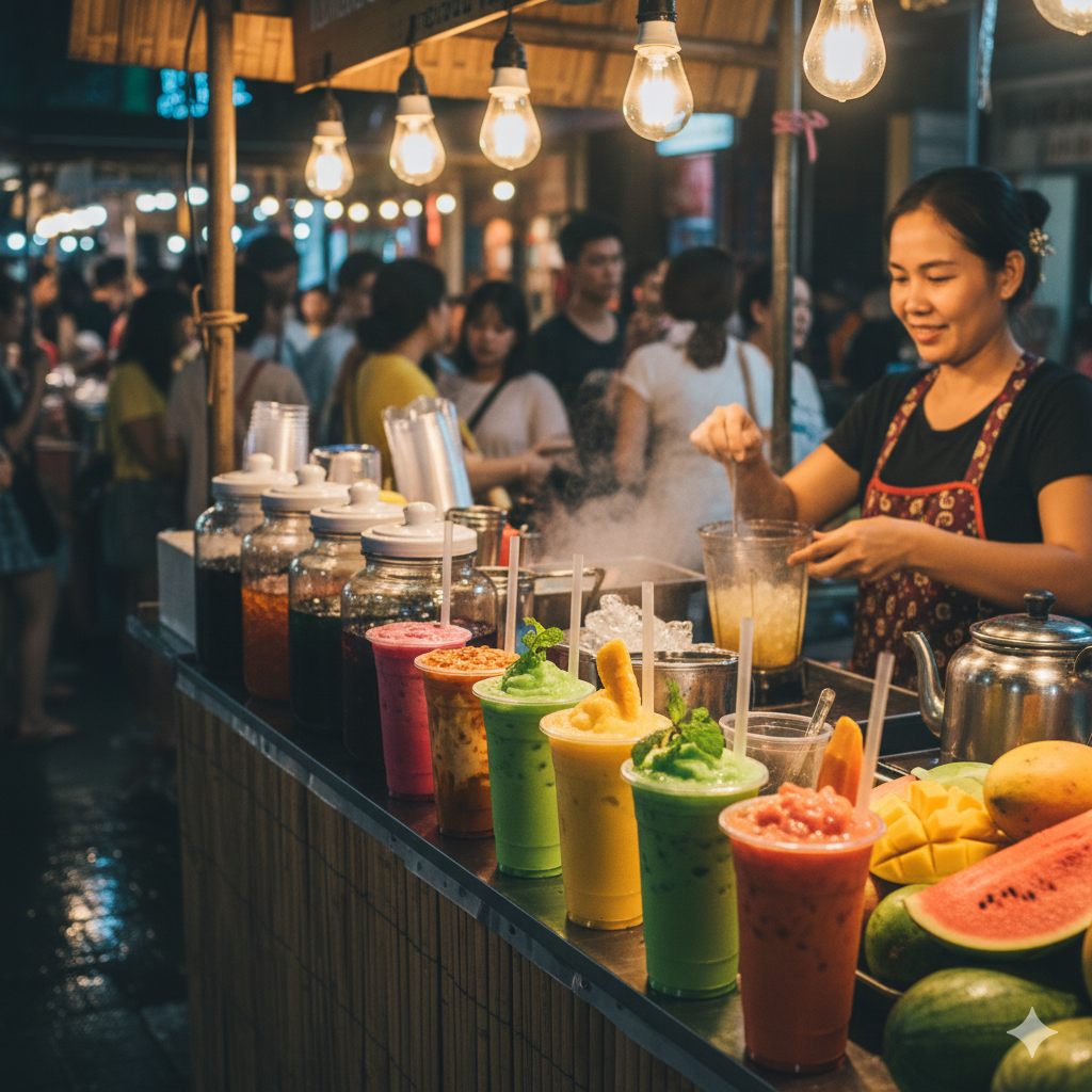 Thai iced tea and fresh fruit shakes sold at a street food stall