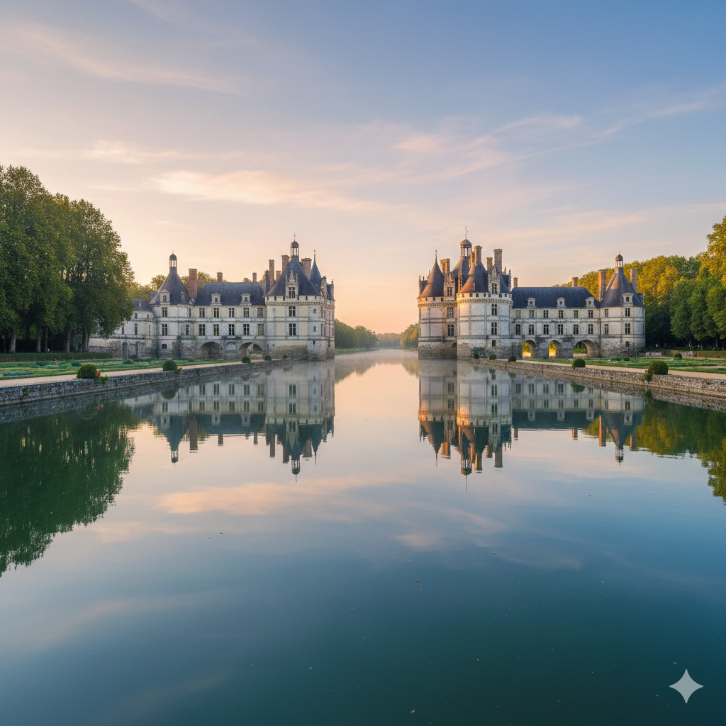The elegant architecture of Château de Chenonceau spanning the Cher River in the Loire Valley.