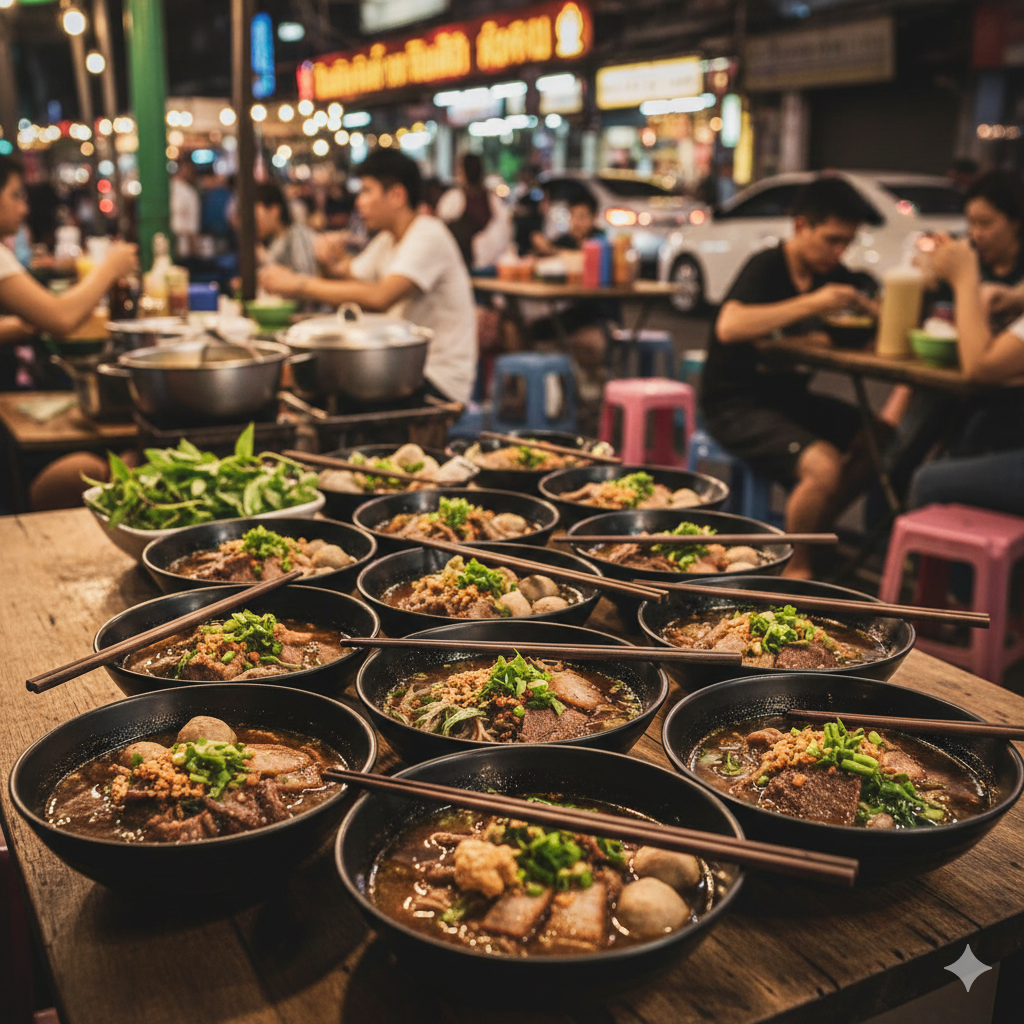 Traditional Thai boat noodles served in small bowls, a solo-friendly traveler's food