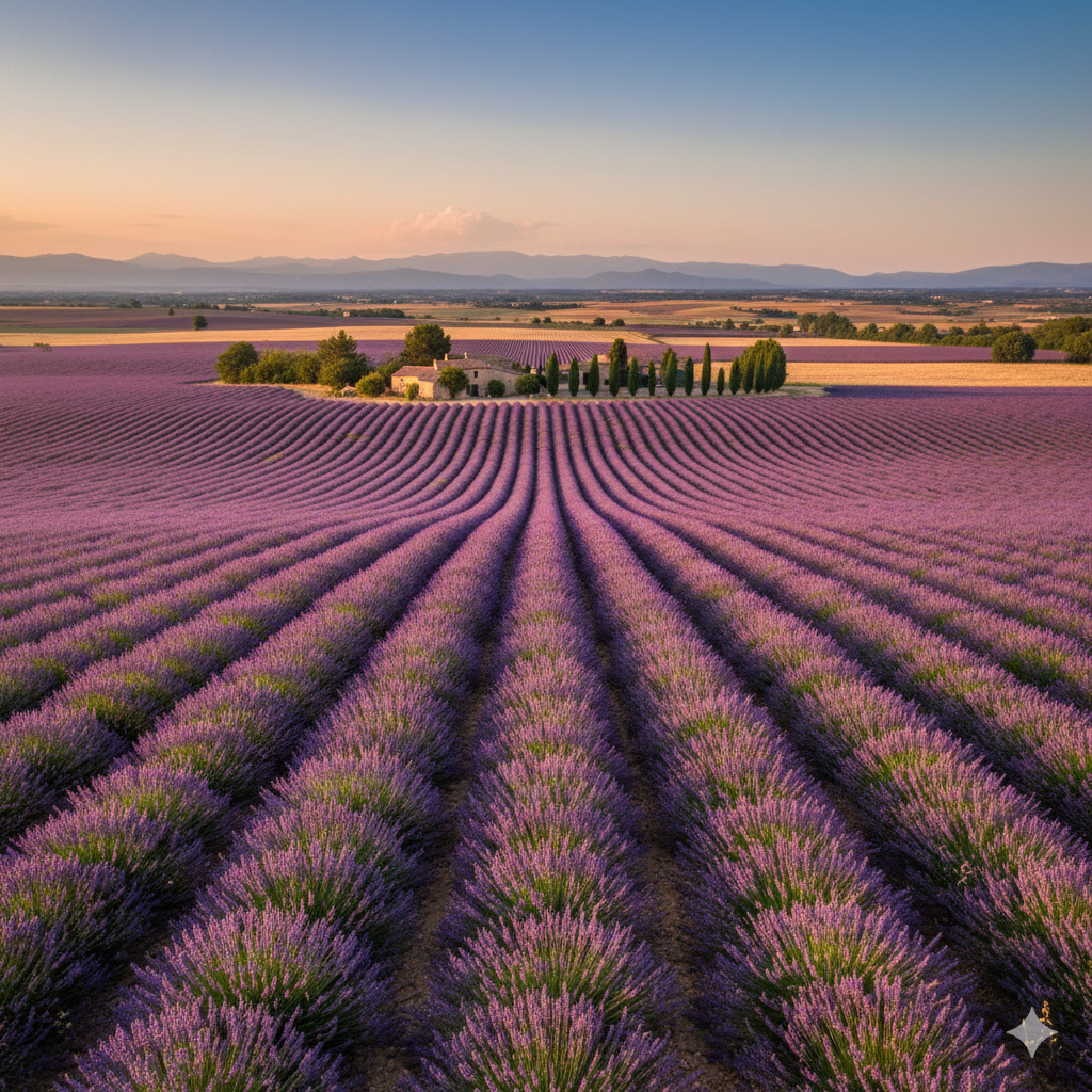 Vibrant purple lavender fields in Provence, France, during peak summer bloom.