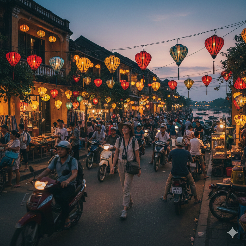Solo female traveler walking through a busy street in Vietnam at night with motorbikes and lanterns

