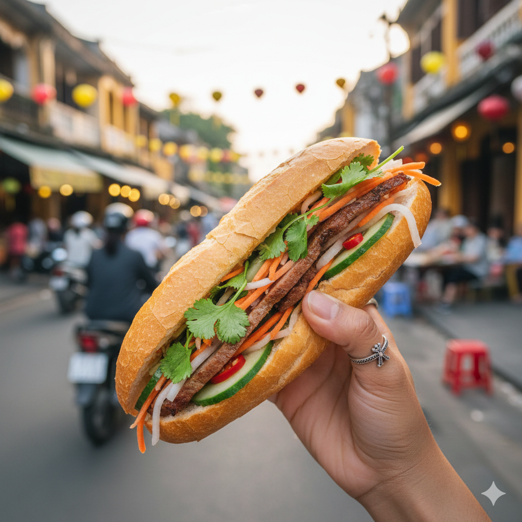 Vietnamese banh mi sandwich held by a solo traveler while exploring local street food