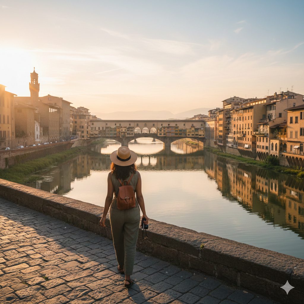 Solo female traveler walking through an Italian city at sunrise, capturing the freedom and confidence of traveling alone in Italy

