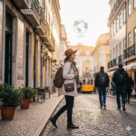 Solo female traveler walking confidently through a safe Portugal street in 2026