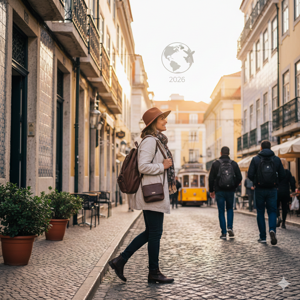 Solo female traveler walking confidently through a safe Portugal street in 2026
