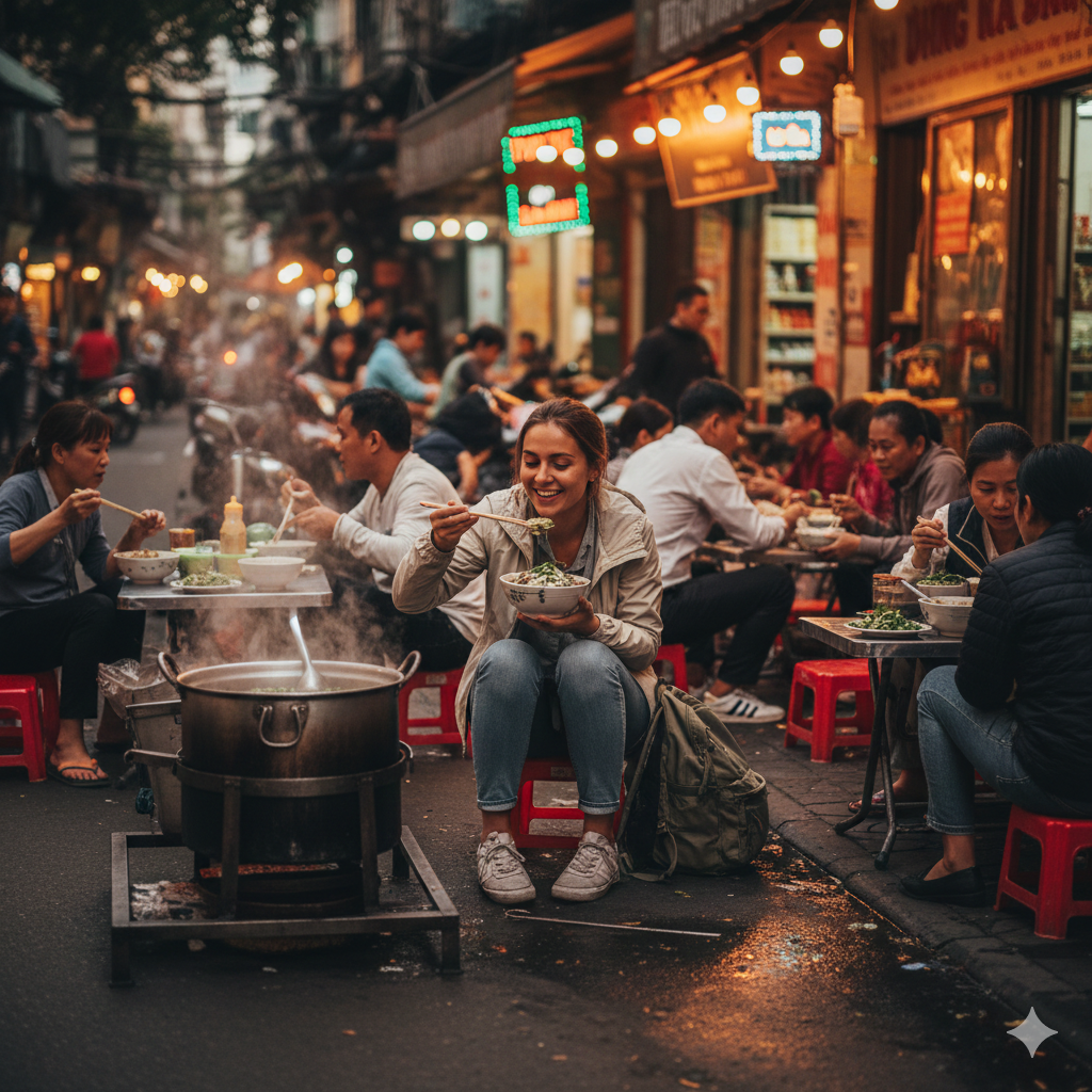 Solo traveler eating Vietnamese pho at a busy street stall in Hanoi