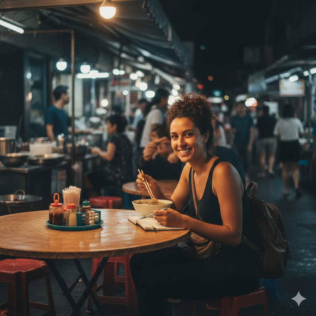 Solo woman eating alone at a Thai street food stall comfortably