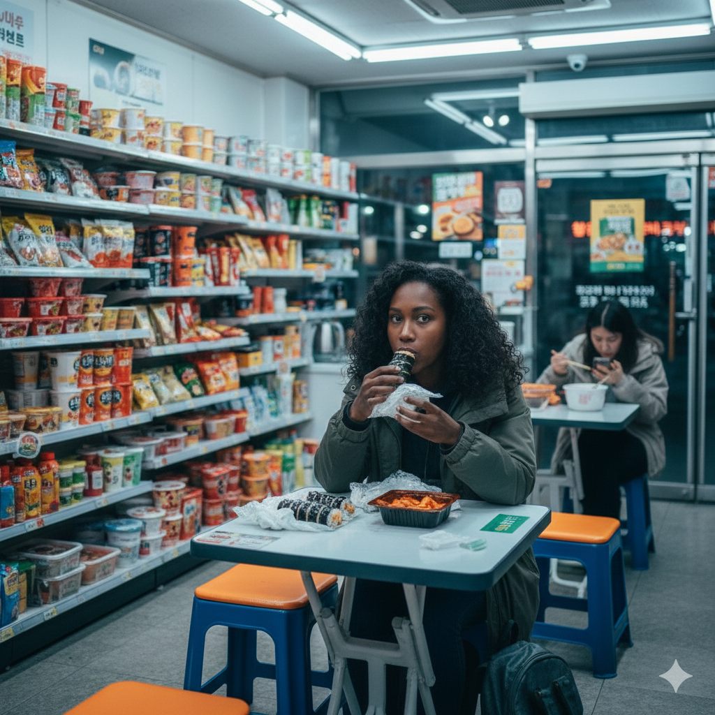 Solo traveler eating kimbap at a Korean convenience store, highlighting solo dining culture