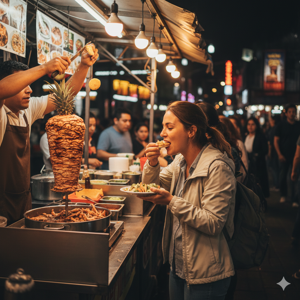Solo traveler eating tacos al pastor at a street food stand in Mexico City