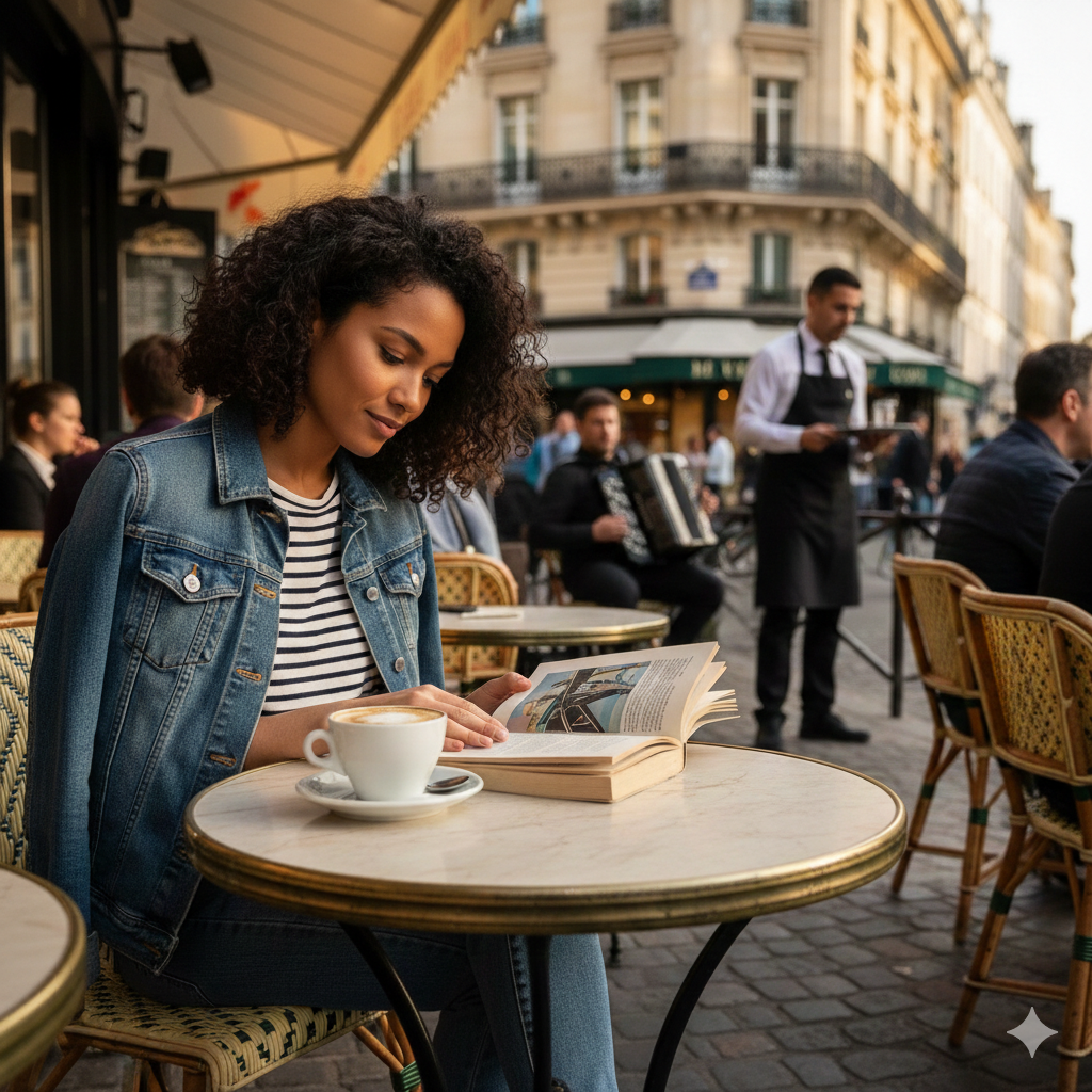 Solo female traveler enjoying a café crème at a traditional Parisian sidewalk café terrace.