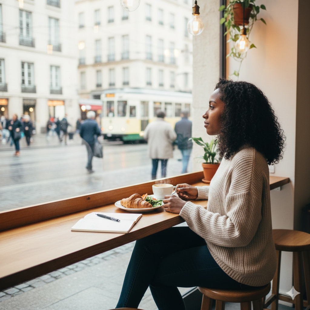 Solo traveler enjoying a meal alone at a café counter while traveling