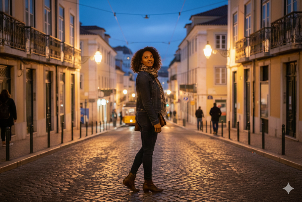 "Solo female traveler walking safely through Bairro Alto Lisbon at night"
