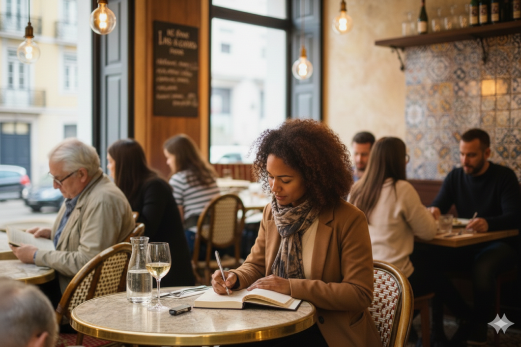 Solo female traveler journaling at a Paris cafe to boost mental clarity