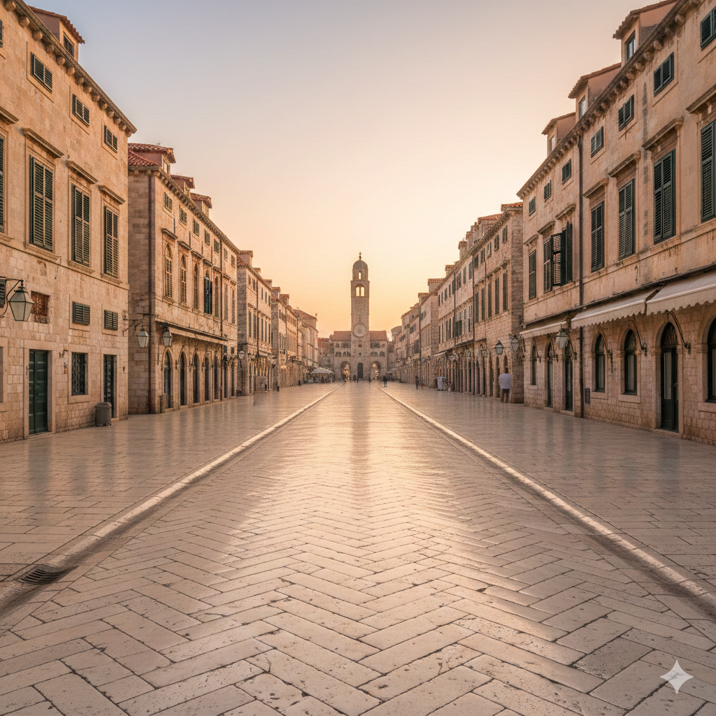 The limestone-paved Stradun, the main street of Dubrovnik’s Old Town, glowing in the early morning light without crowds, perfect for solo photography.