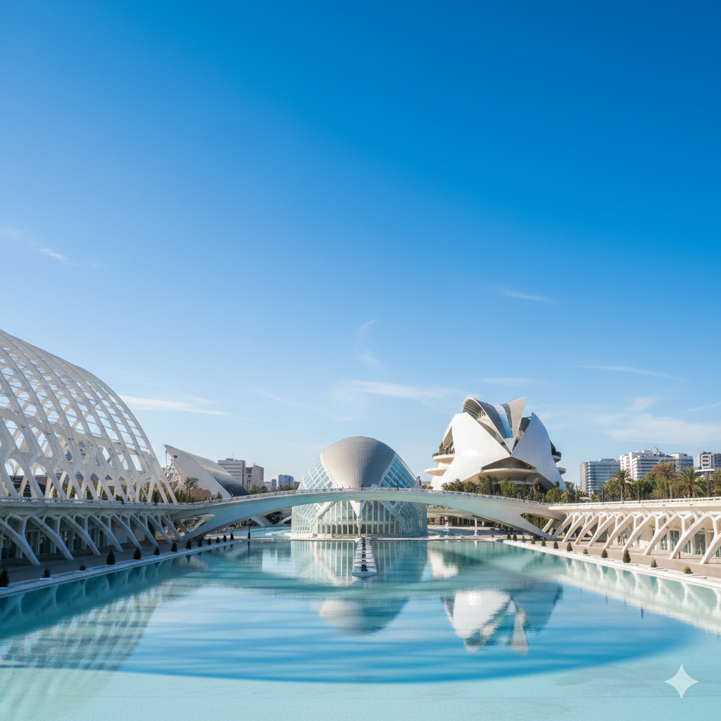 Futuristic white architecture of Valencia's City of Arts and Sciences designed by Santiago Calatrava