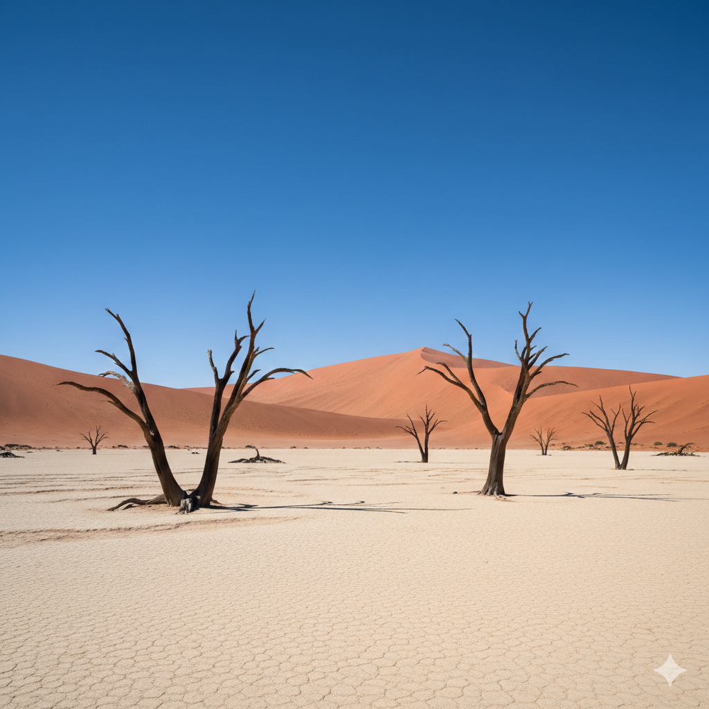 Deadvlei Namibia dead trees and white clay pan surrounded by red dunes