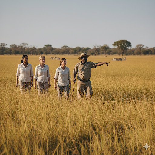Guided walking safari in Botswana’s Okavango Delta wilderness