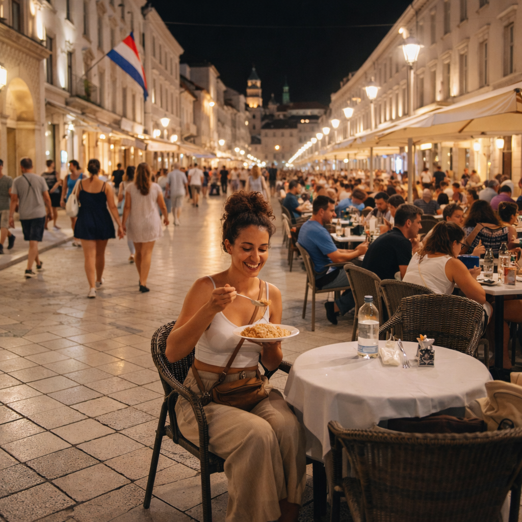 A brightly lit, safe pedestrian street in Split, Croatia, at night, showing locals and tourists enjoying outdoor cafes in a secure environment for solo women.