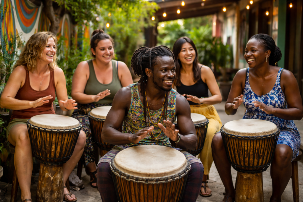 Djembe drumming lesson Kokrobite Beach Ghana West African music culture
