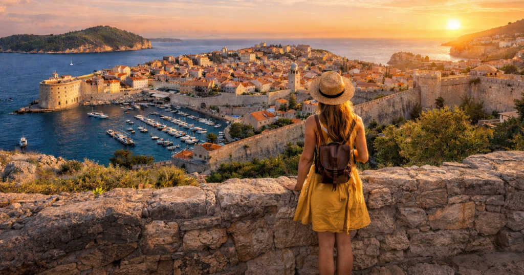Solo female traveler standing on the ancient stone walls of Dubrovnik, Croatia, at sunset, looking out over the turquoise Adriatic Sea and red-tiled roofs.