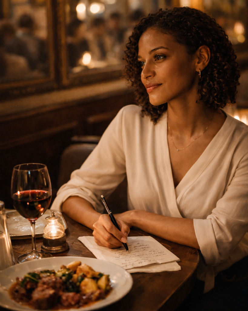 Solo Female traveler doing evening reflections at a Parisian bistro