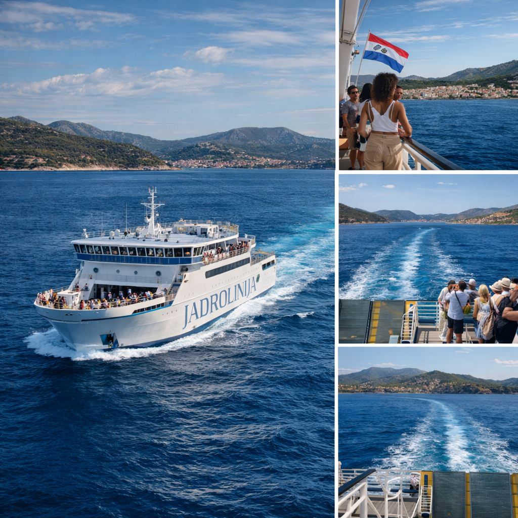 A white Jadrolinija ferry cruising through the deep blue waters of the Adriatic toward the island of Hvar, a popular transportation method for solo travelers in Croatia