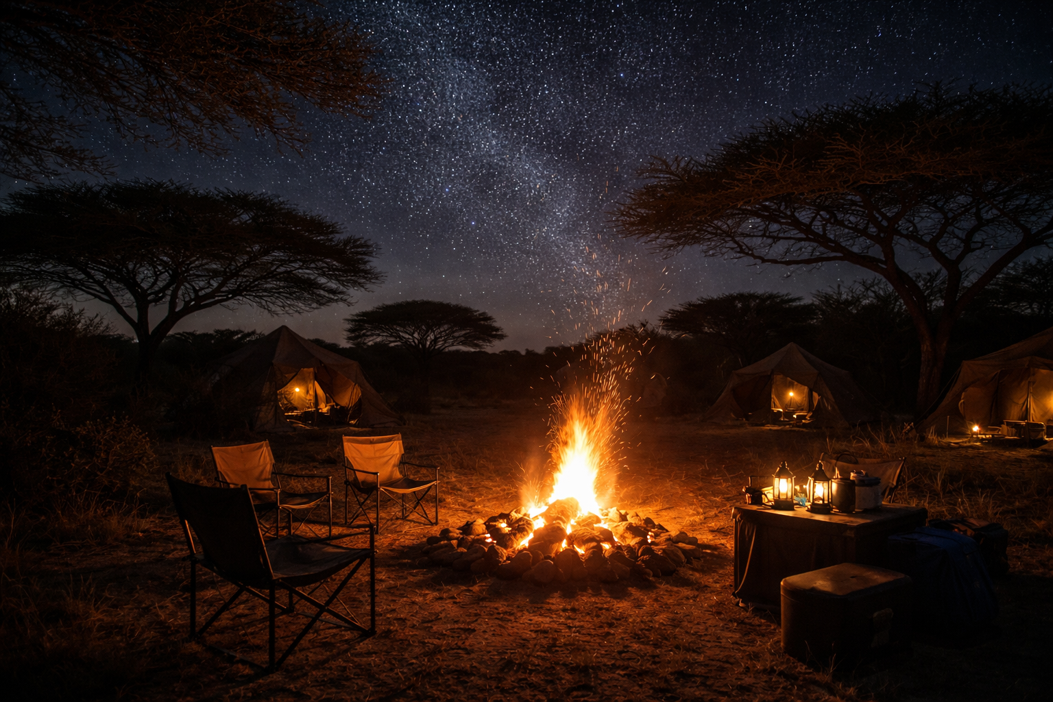 Mobile camping safari in Botswana with campfire under African night sky