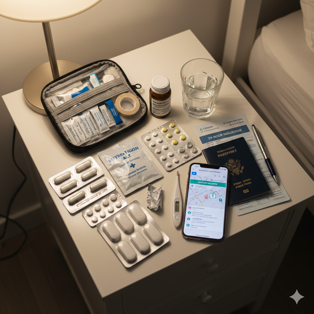 Essential travel first aid kit and medications for solo female travelers prepared for health emergencies abroad