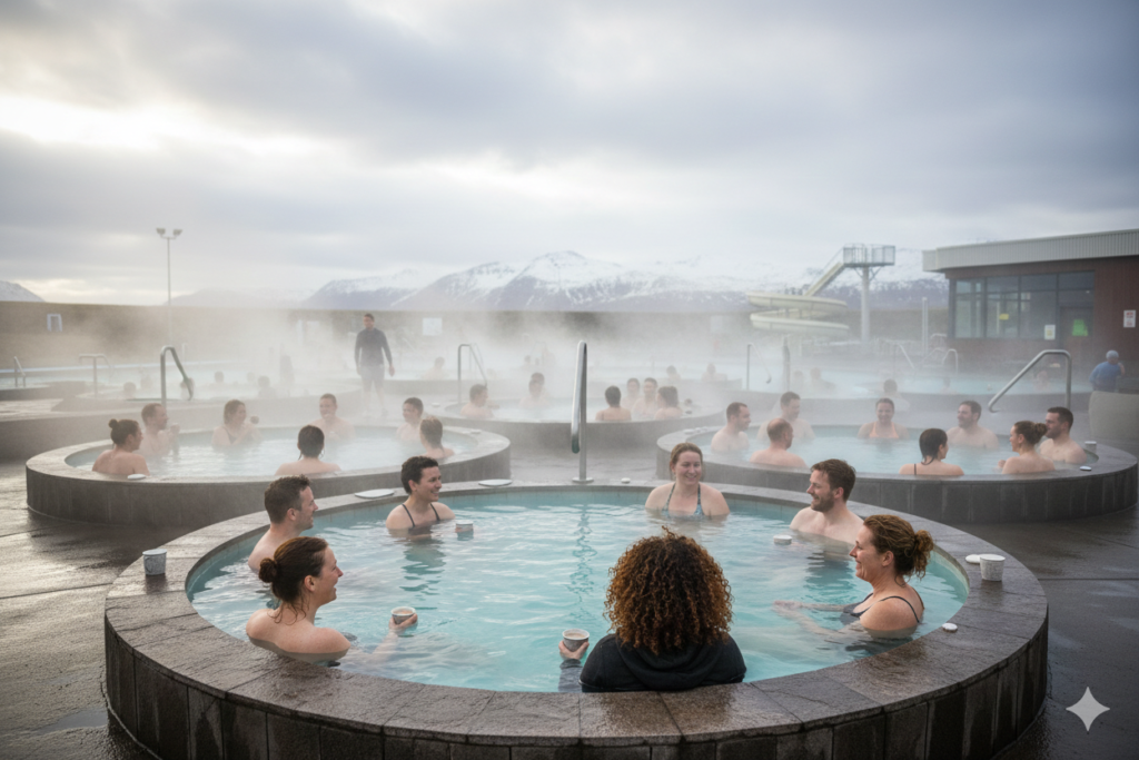 "Iceland public pool hot tub social culture - how solo female travelers meet locals in Reykjavik