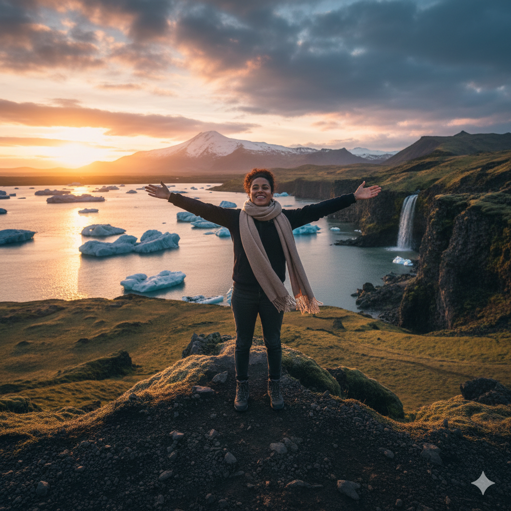 Solo female traveler at [iconic location in Iceland] representing confidence gained through 47 countries of independent travel experience