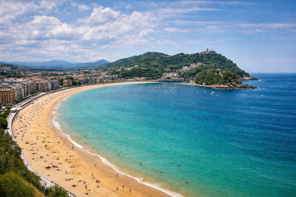 Shell-shaped La Concha beach in San Sebastián with turquoise water and Monte Urgull in background