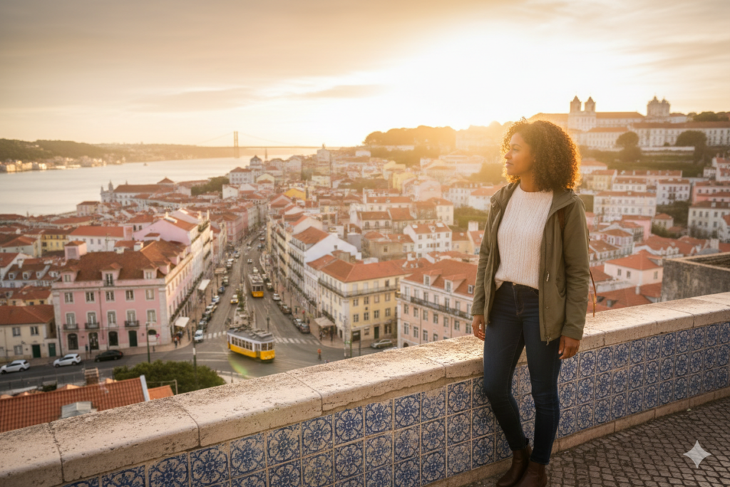 "Solo female traveler enjoying sunset view over Lisbon Portugal from miradouro viewpoint"