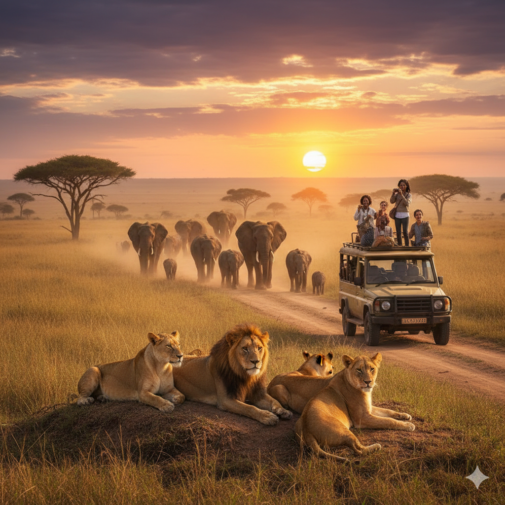 Safari experience in Maasai Mara with a lion pride and elephants crossing the plains