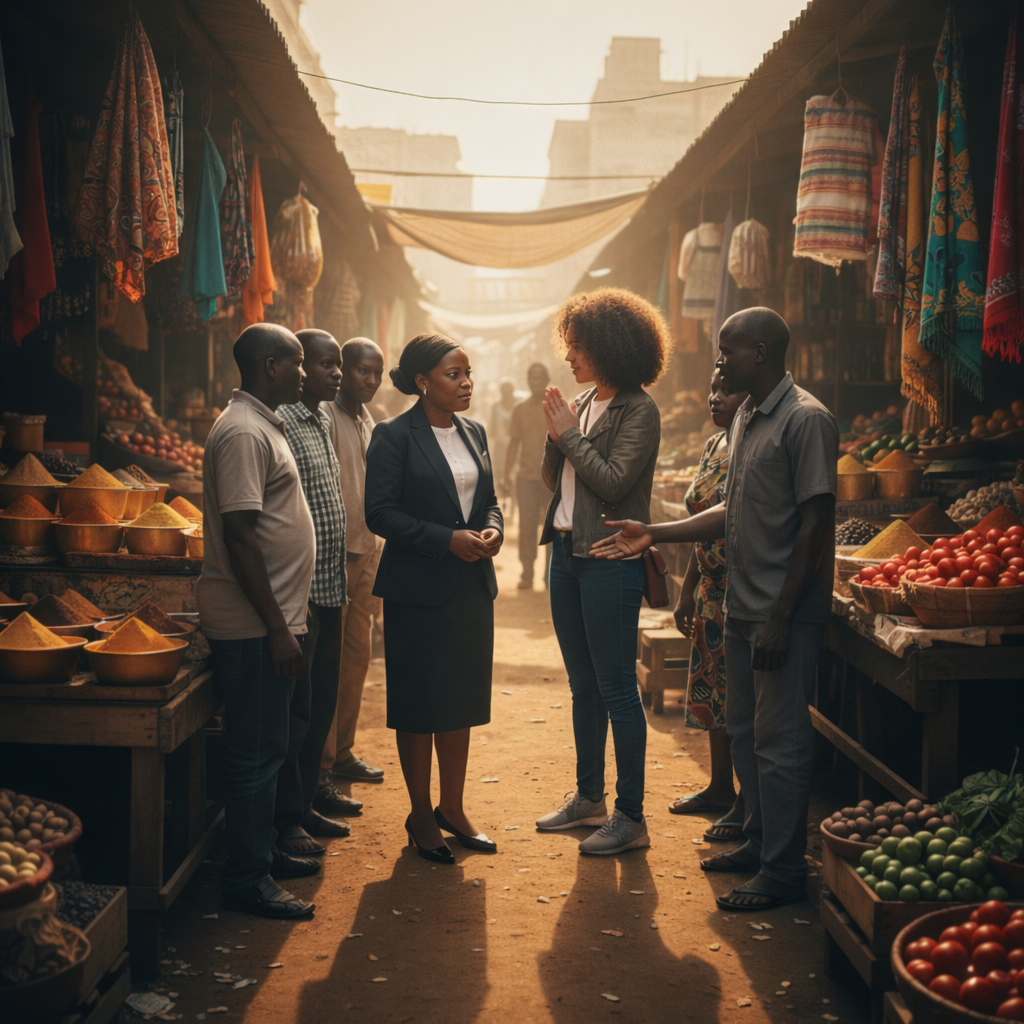 Kenyan market scene showing community support and strangers helping travelers, illustrating safety through human connection
