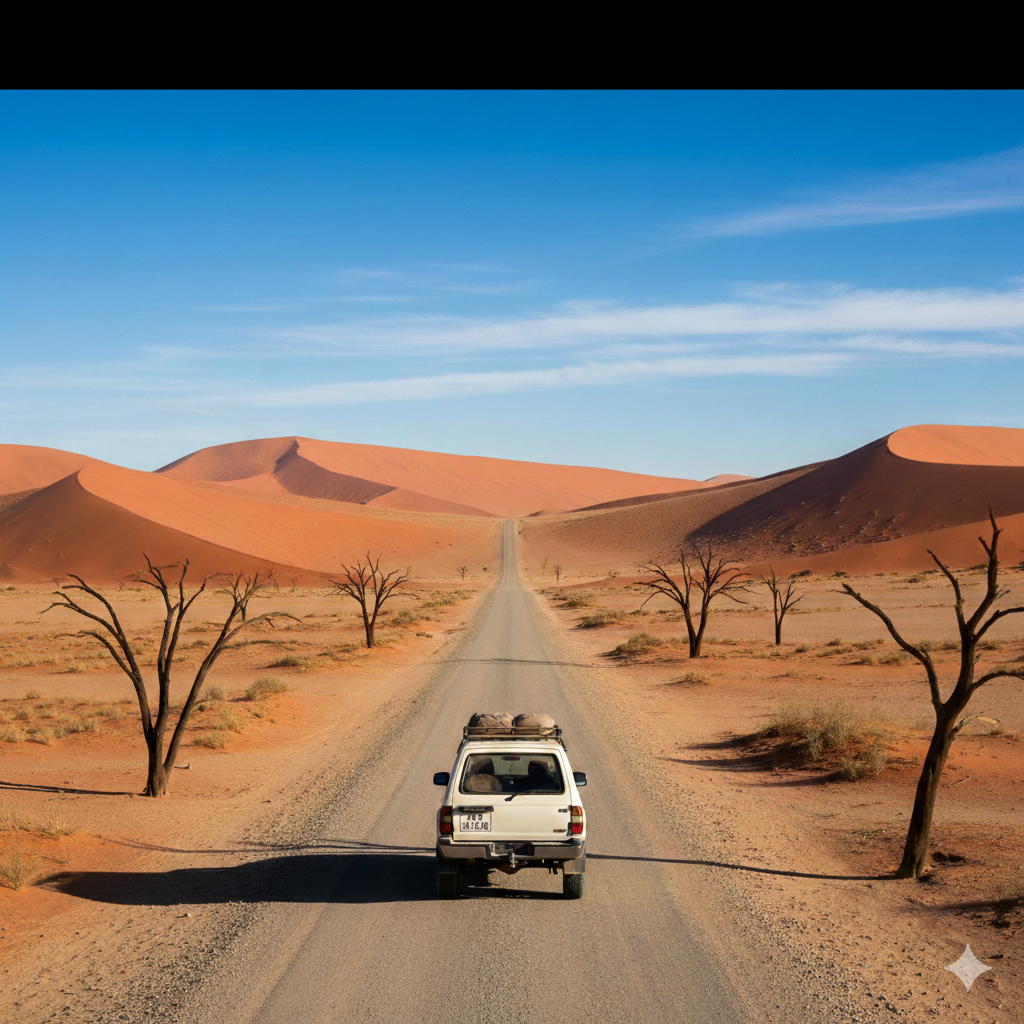 Solo road trip through Namibia’s desert landscapes in a 4x4 vehicle