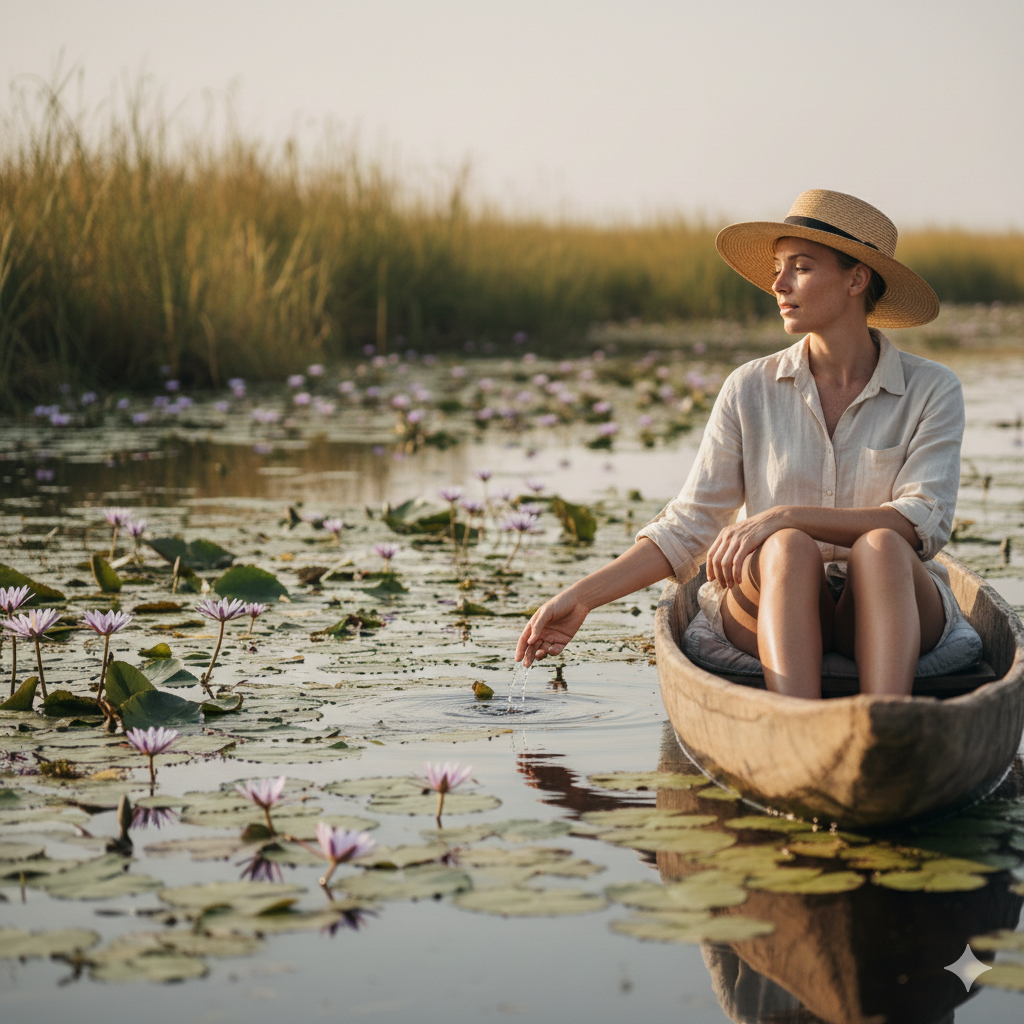 Solo female traveler Southern Africa sitting in a traditional wooden mokoro canoe on the lily-covered waterways of the Okavango Delta, Botswana.