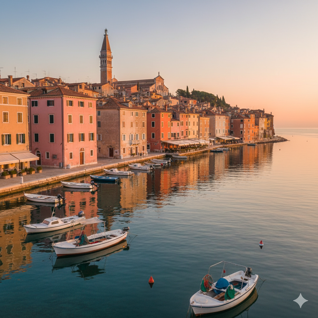 The pastel-colored Venetian-style buildings of Rovinj, Istria, reflecting in the calm harbor waters during a Mediterranean sunset.