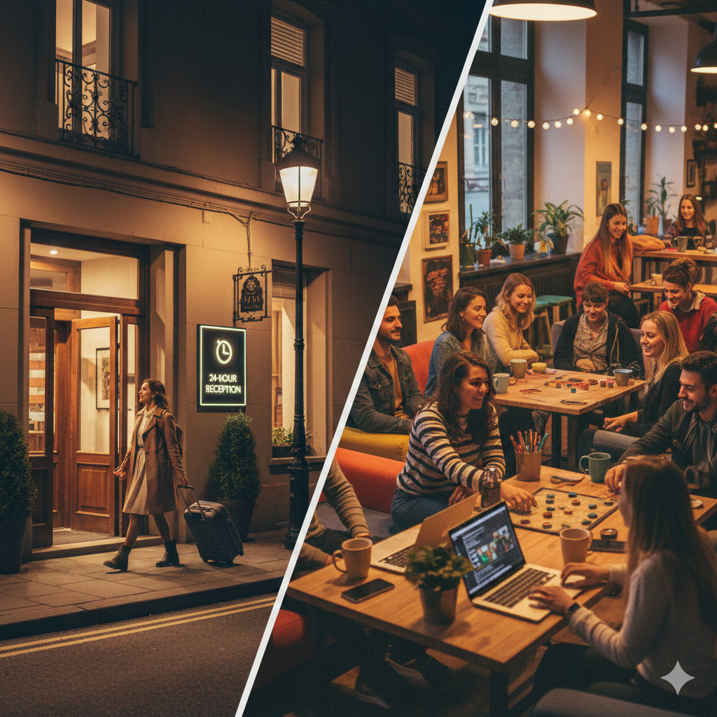 Safe accommodation for solo female travelers showing well-lit entrance and 24-hour reception desk
