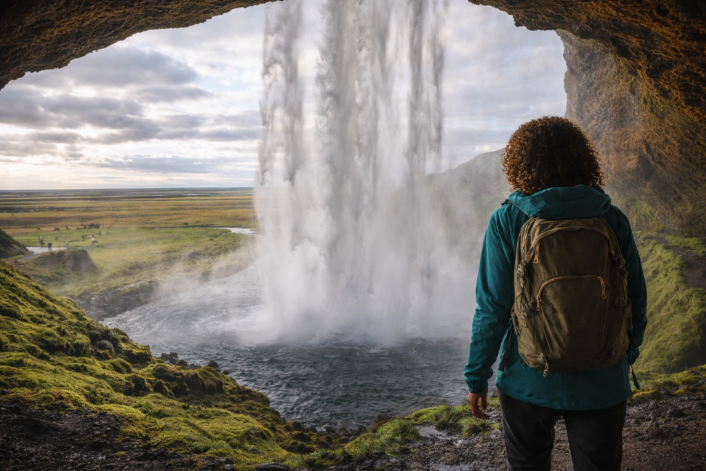 "Seljalandsfoss waterfall Iceland South Coast - walk behind waterfall solo female travel experience