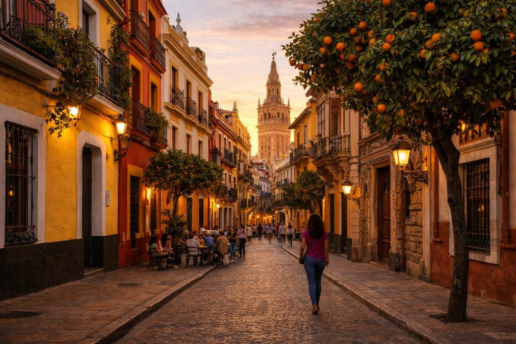 Colorful streets of Seville's Santa Cruz neighborhood at golden hour with orange trees and traditional Spanish architecture