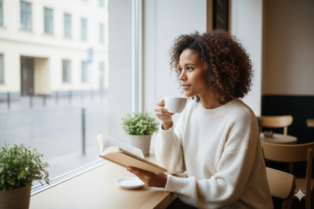 Woman dining alone at a café window seat in Reykjavik with coffee and a book