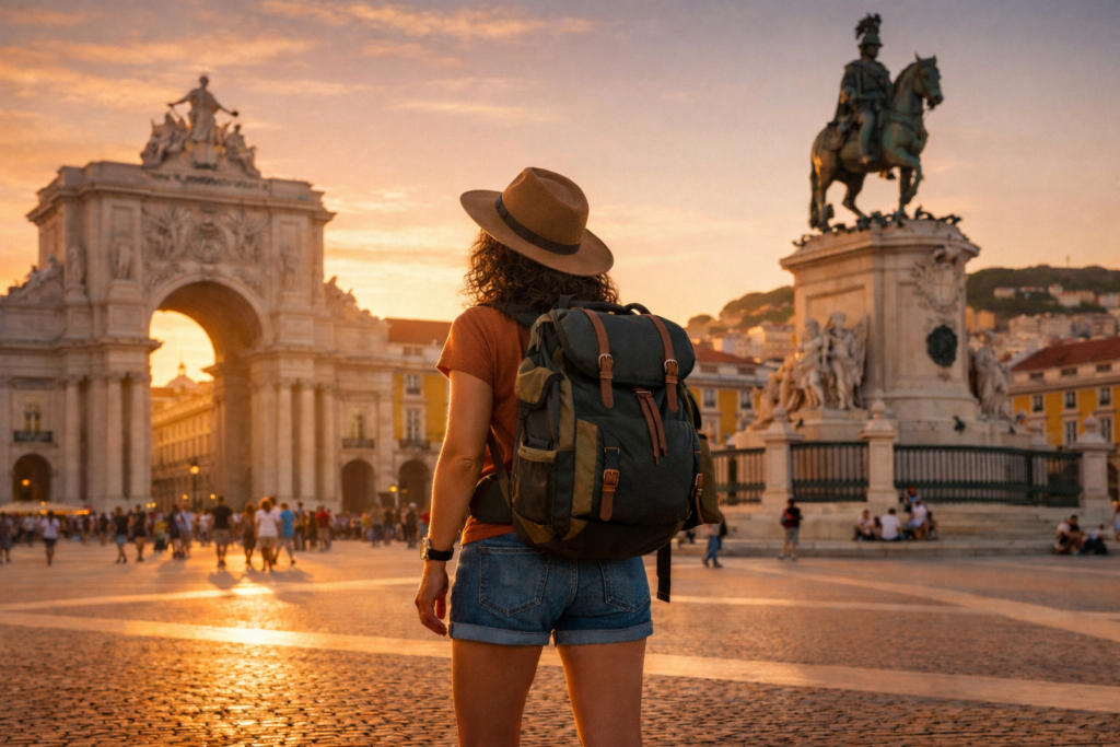 Strolling the street to show Solo female safety in Praça do Comércio