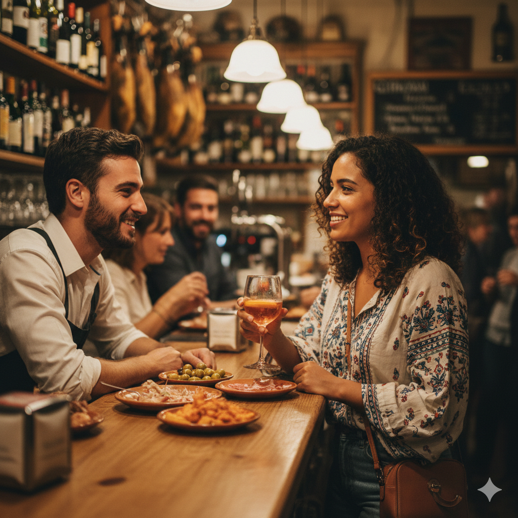 Solo female traveler standing at Spanish tapas bar counter enjoying natural social atmosphere