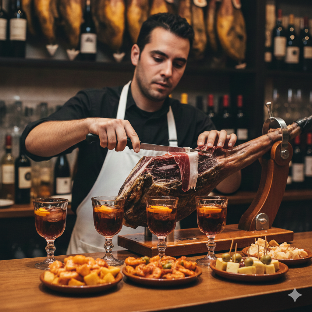 Bartender expertly slicing jamón ibérico at traditional Spanish tapas bar