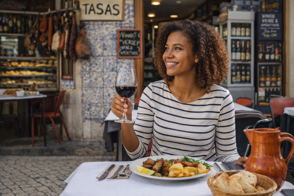 "Solo female traveler dining alone at traditional Portuguese tasca restaurant"