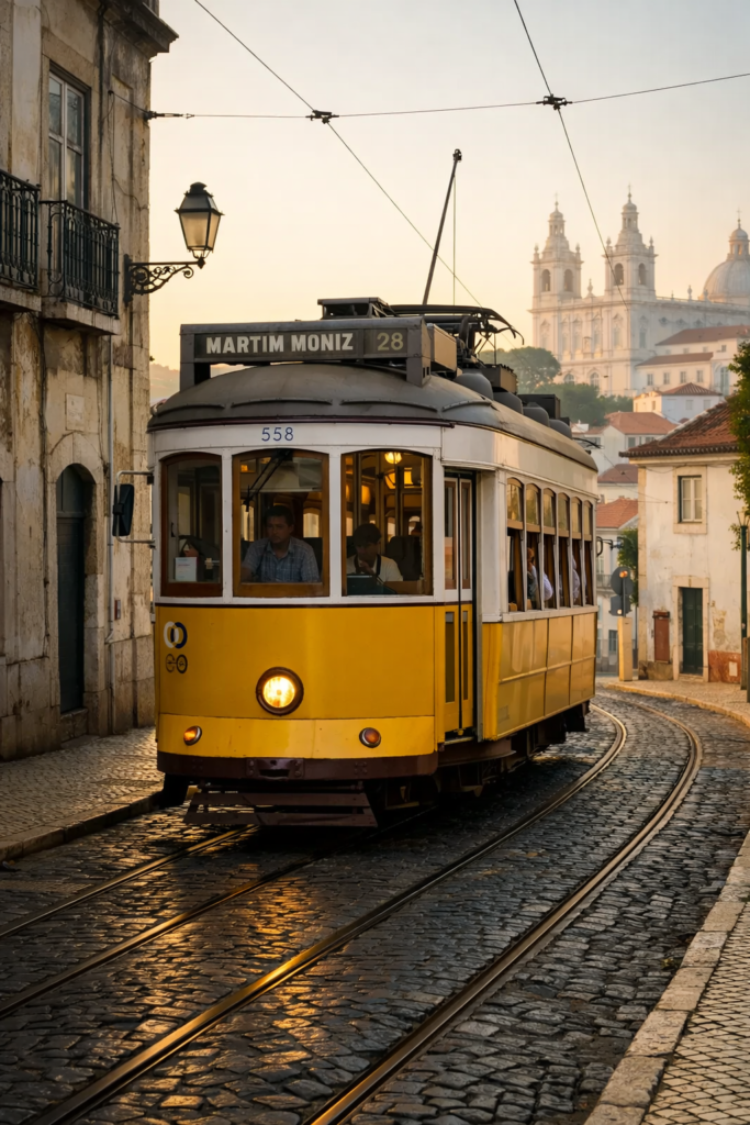 "Historic yellow Tram 28 traveling through Alfama neighborhood Lisbon Portugal"
