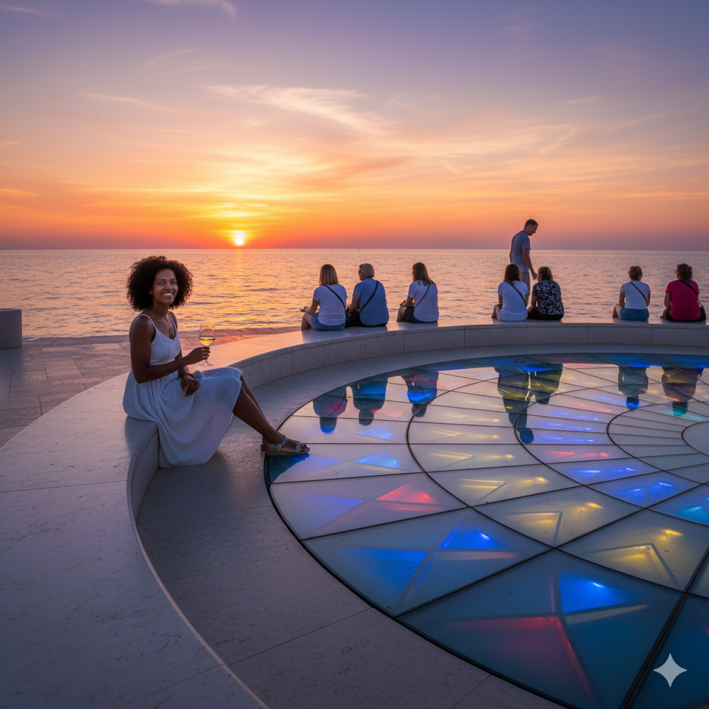 solo female traveler at Sea Organ, Zadar, Croatia with waves that create haunting music through underwater pipes installed in marble steps