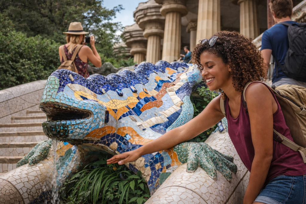 Colorful mosaic dragon fountain at Park Güell designed by Antoni Gaudí