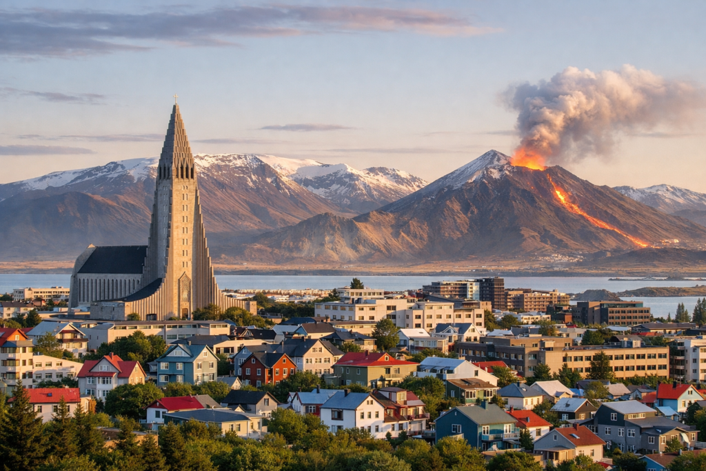 "Reykjavik Iceland cityscape with Hallgrimskirkja church and volcanic mountains - safe solo female travel destination 2026