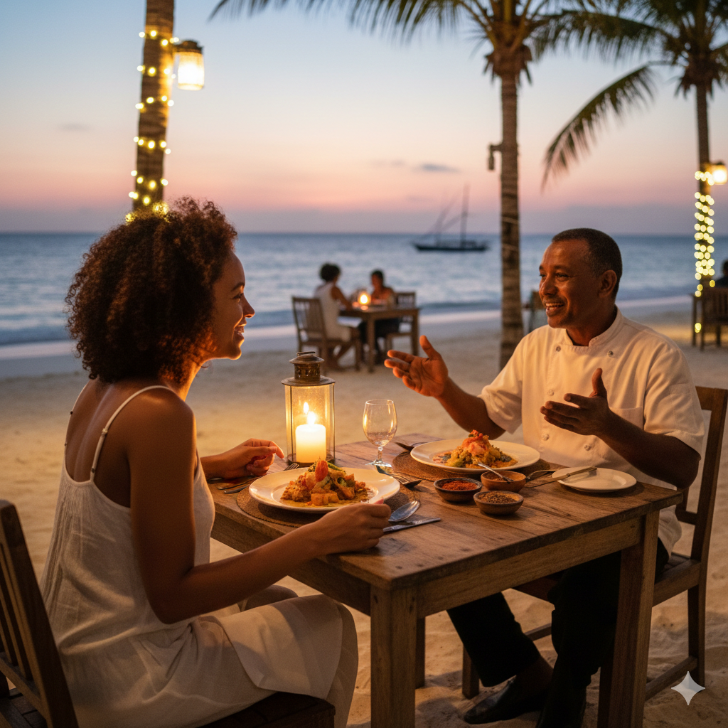 Enjoying Swahili cuisine at Beachfront Zanzibar, the chef is here explaining each course personally

